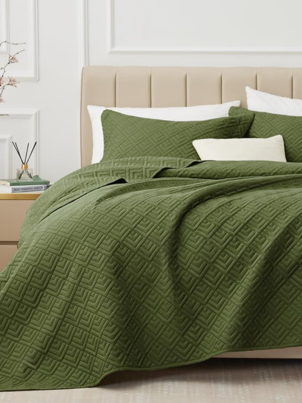 Quilt Set Queen Size Summer Squares Pattern Forest Green Bedspread